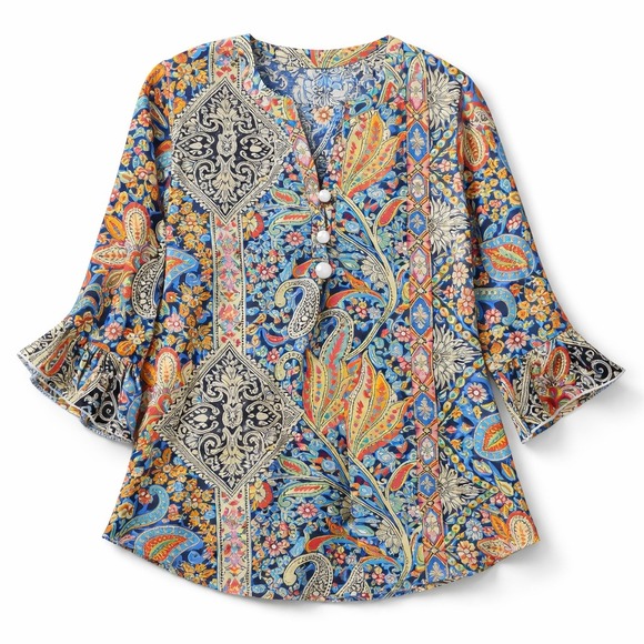 Rapbin Tops - BOHO Paisley Print Ruffle Bell Sleeve Pearl Button Split Neck Top Sz Med NEW